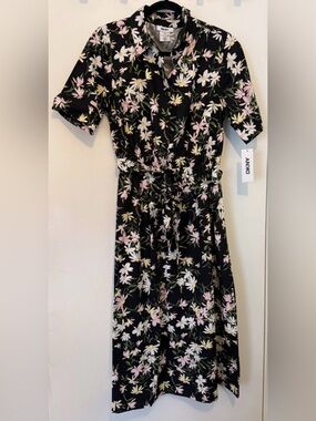 DKNY Black Pink Floral Shirt Dress Size 10 NWT Cotton Tie Waist Midi
